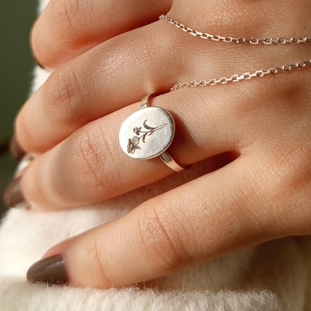 Personalized Sterling Silver Birth Flower Signet Ring - Floral Engraved