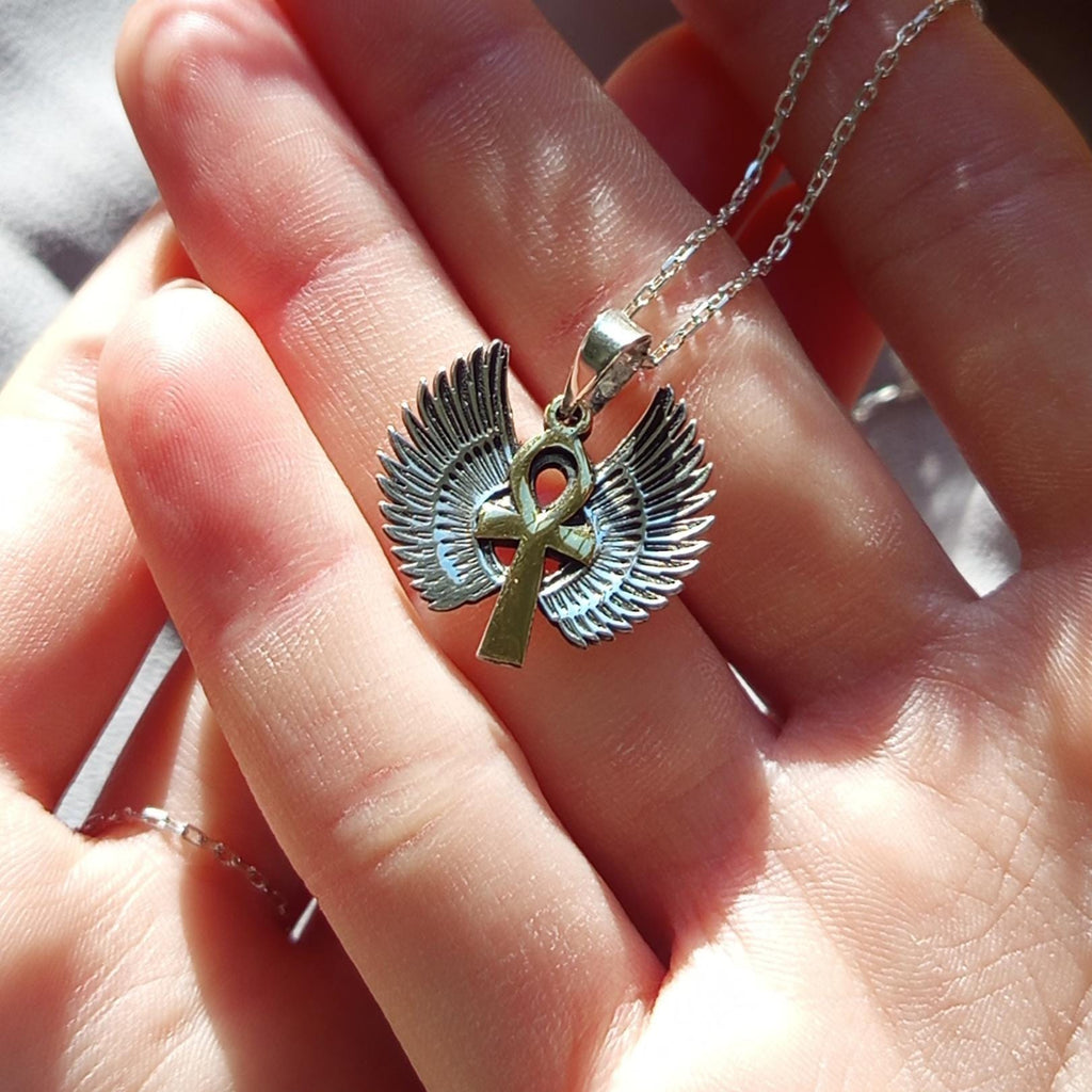 Gold Winged Ankh Necklace – 925 Sterling Silver Egyptian Pendant, Symbolic Jewelry, Gift For Her