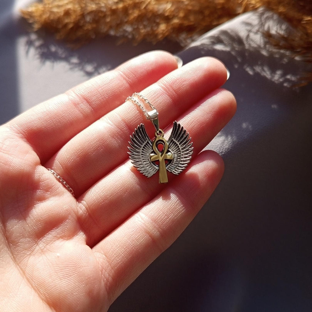 Gold Winged Ankh Necklace – 925 Sterling Silver Egyptian Pendant, Symbolic Jewelry, Gift For Her