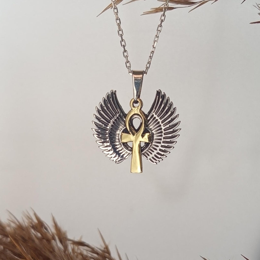 Gold Winged Ankh Necklace – 925 Sterling Silver Egyptian Pendant, Symbolic Jewelry, Gift For Her