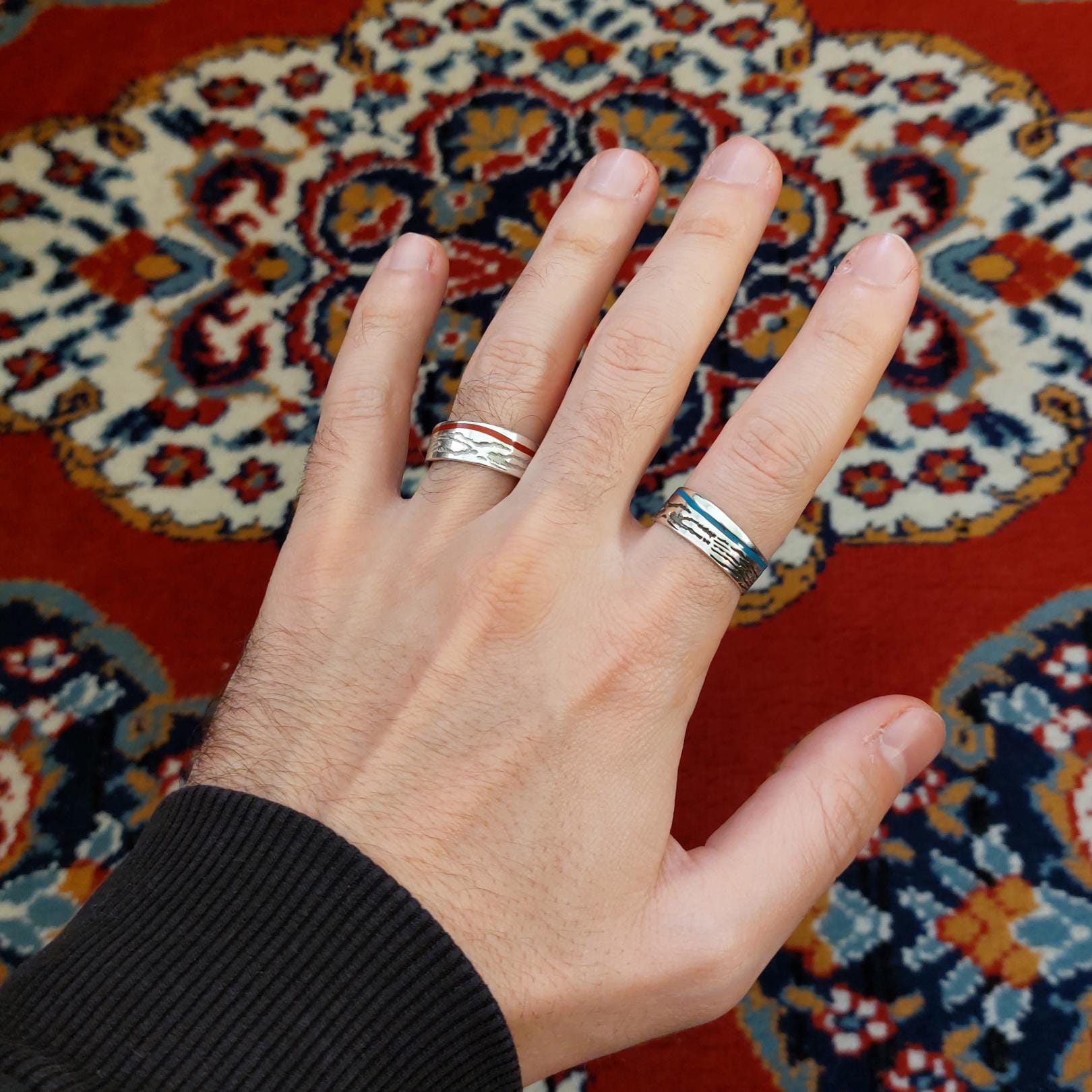 Sterling Silver Unisex Ring with Red or Blue Enamel – Minimal Band Ring, Everyday Jewelry