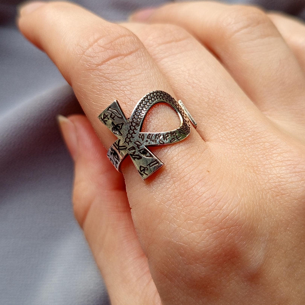 Ankh Ring – 925 Sterling Silver Engraved Hieroglyphs, Open Band Egyptian Jewelry, Gift For Her