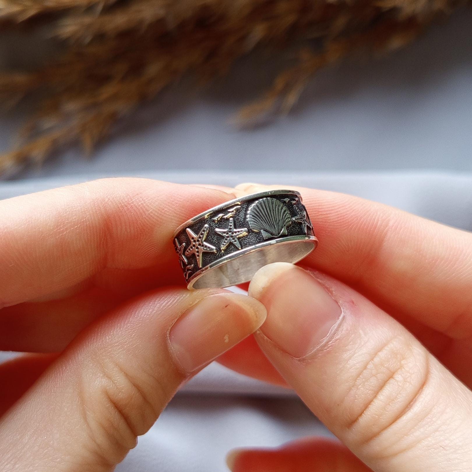 Sterling Silver Starfish & Seashell Ring – Ocean Inspired Band Ring, Handmade Silver Ring