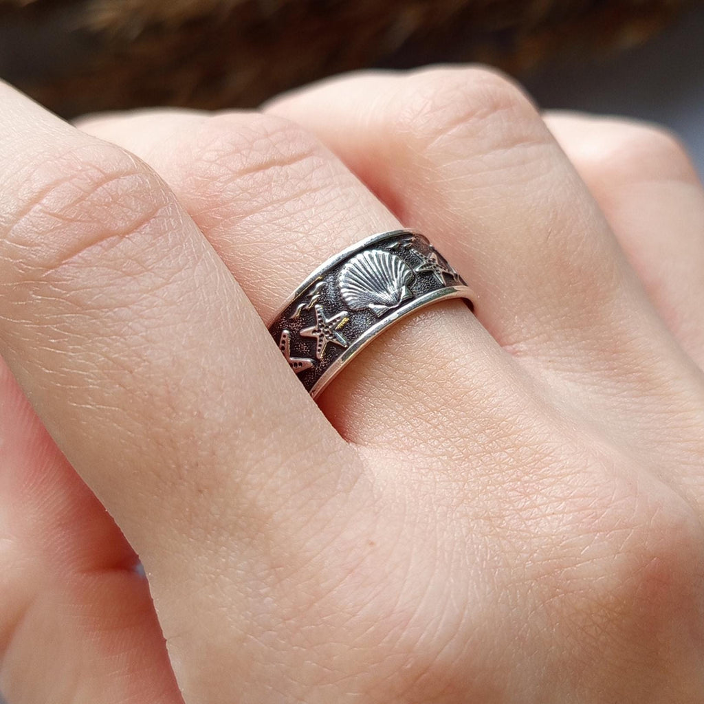 Sterling Silver Starfish & Seashell Ring – Ocean Inspired Band Ring, Handmade Silver Ring