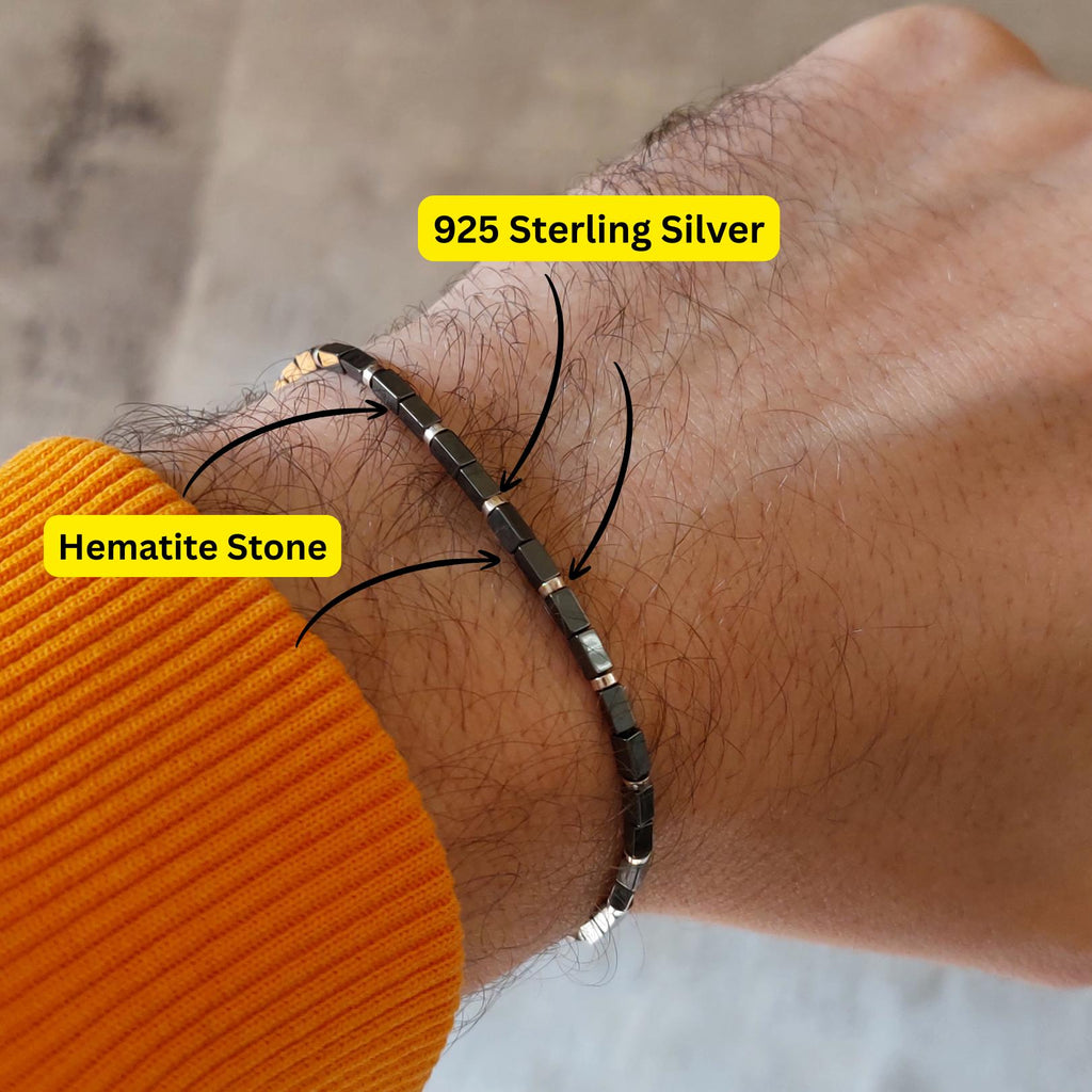 Handmade Minimalist Hematite & Sterling Silver Bracelet – Men's Beaded Jewelry