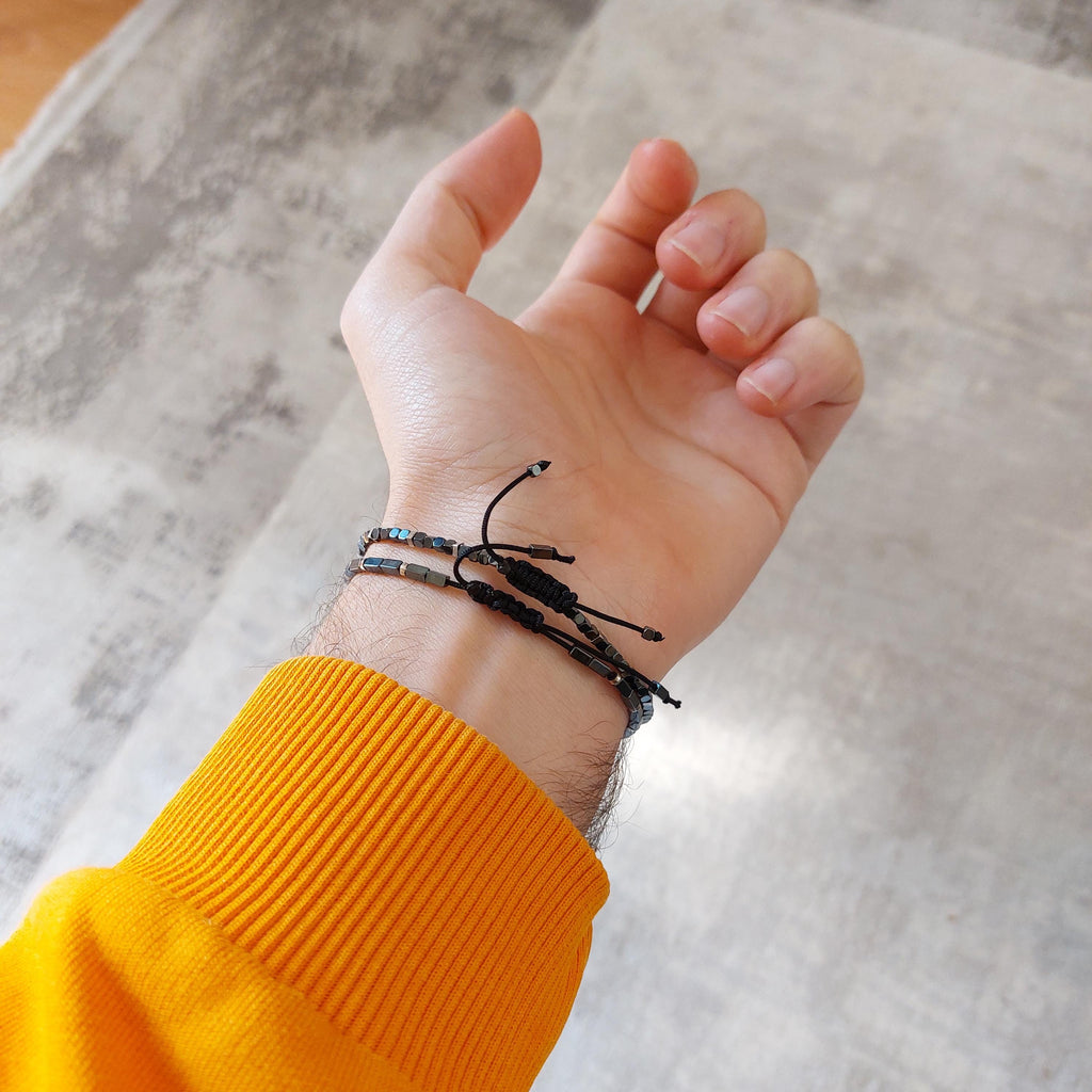 Handmade Minimalist Hematite & Sterling Silver Bracelet – Men's Beaded Jewelry