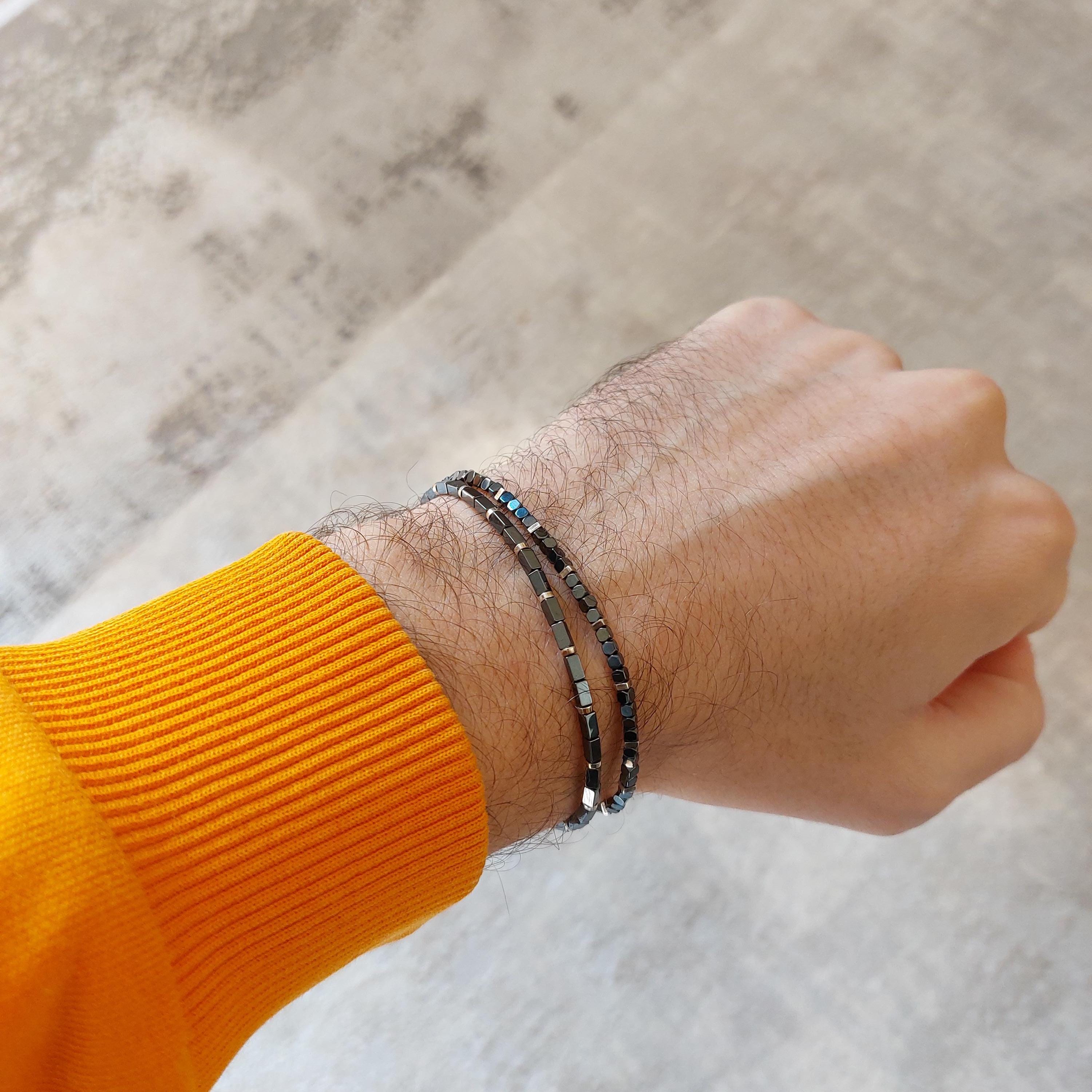 Handmade Minimalist Hematite & Sterling Silver Bracelet – Men's Beaded Jewelry