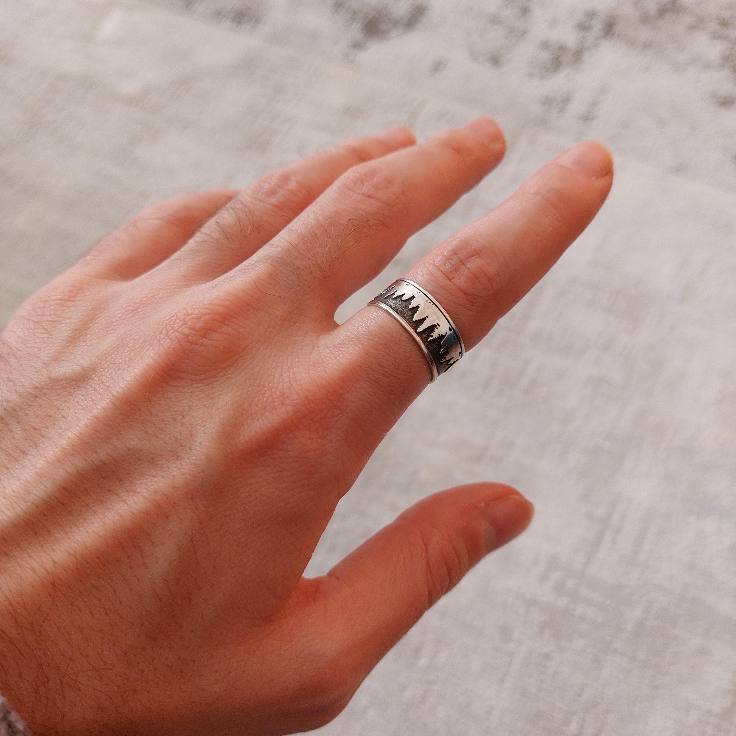Sterling Silver Mountain and Trees Ring – Unisex Nature Landscape Band, Minimalist Forest Ring