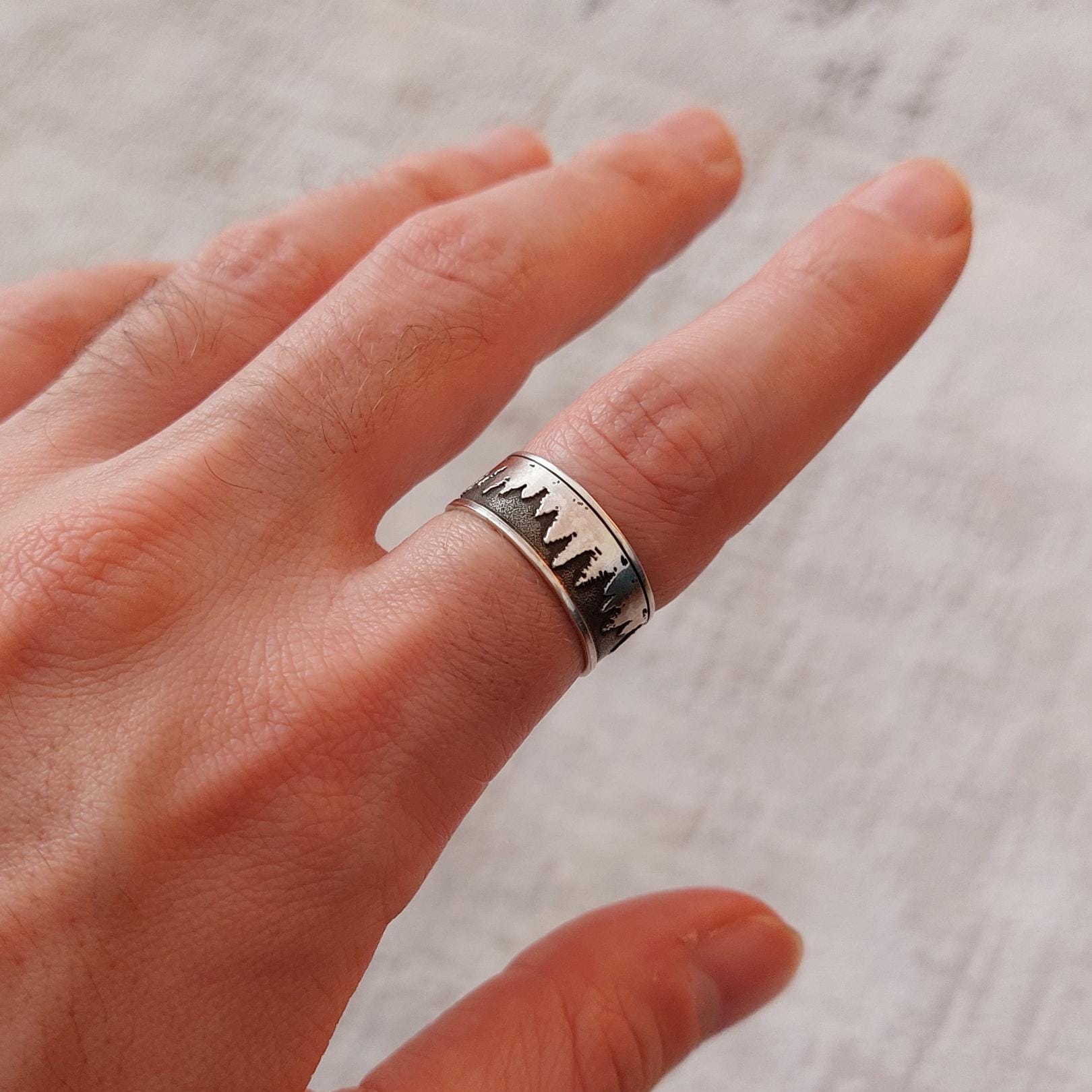 Sterling Silver Mountain and Trees Ring – Unisex Nature Landscape Band, Minimalist Forest Ring