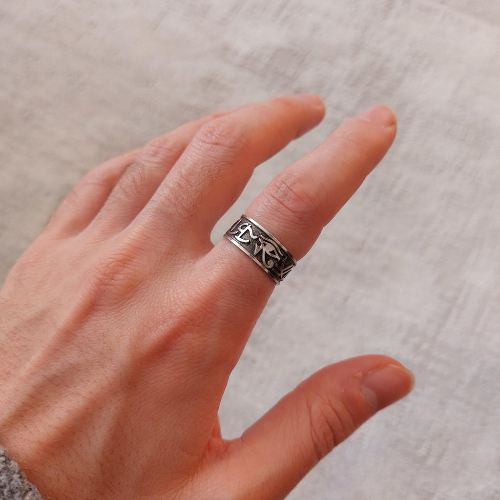 Ancient Egyptian Script Ring – 925 Sterling Silver Unisex Hieroglyphic Band, Gift For Him