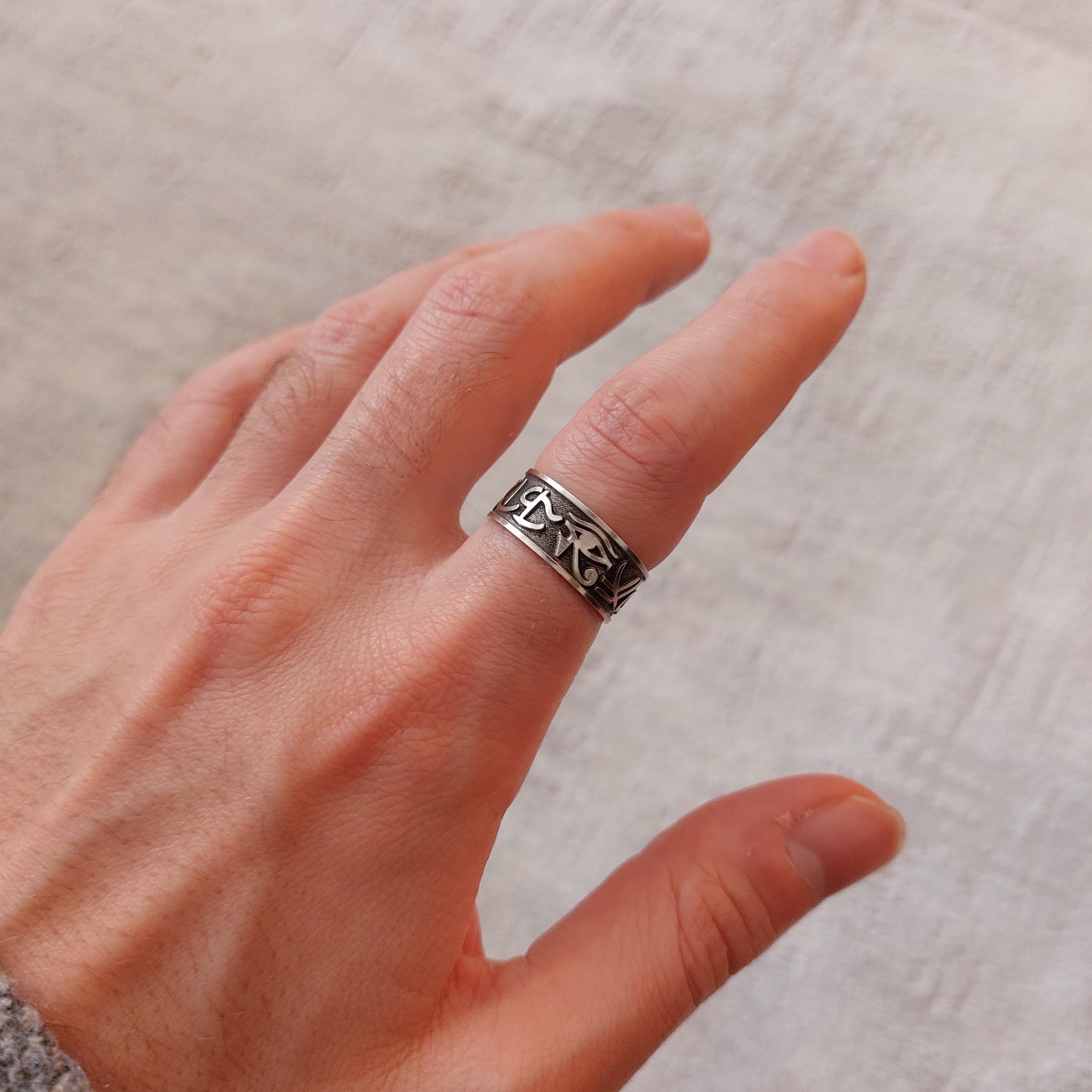 Ancient Egyptian Script Ring – 925 Sterling Silver Unisex Hieroglyphic Band, Gift For Him