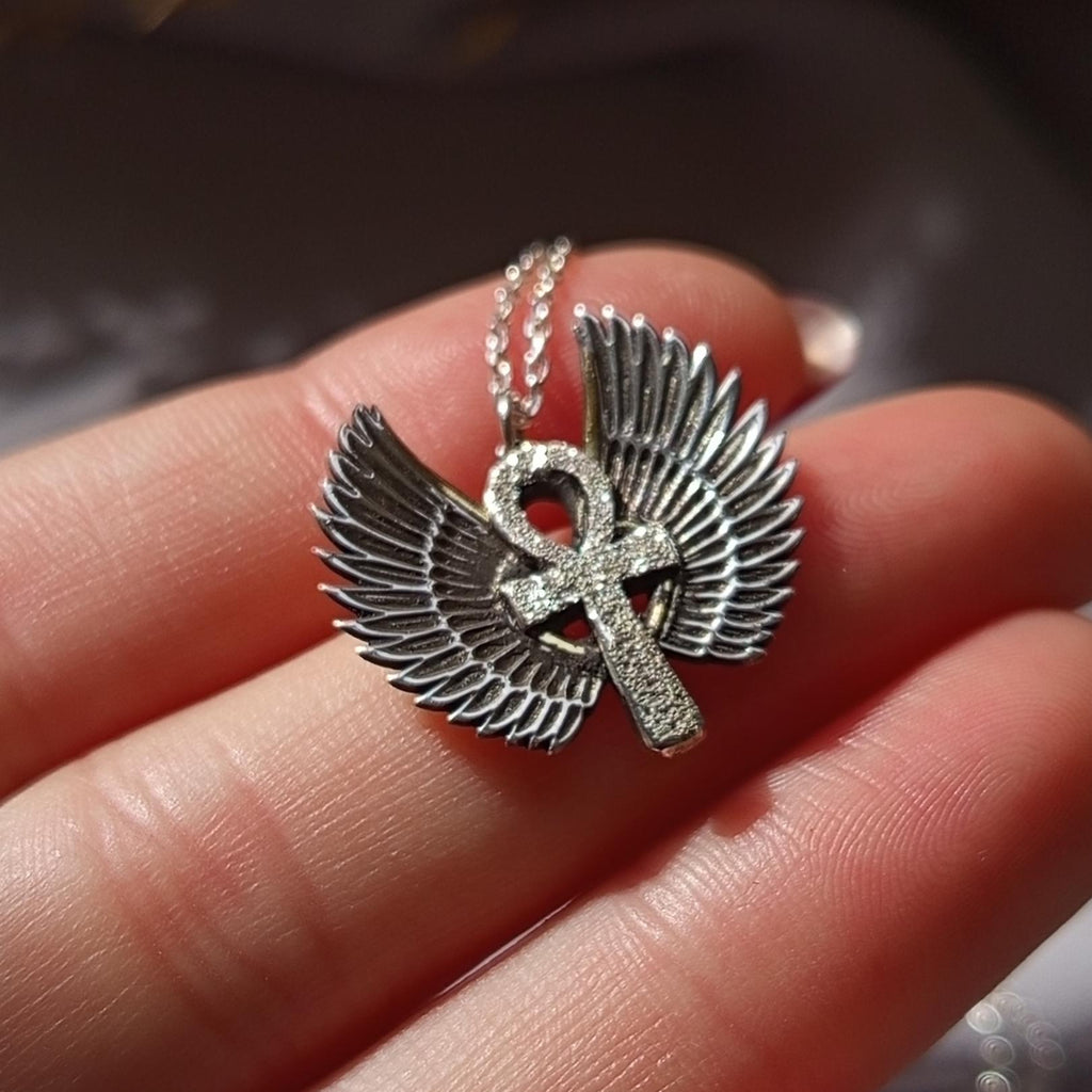 Egyptian Ankh Pendant - 925 Sterling Silver  Winged Ankh Necklace, Symbol of Life & Protection