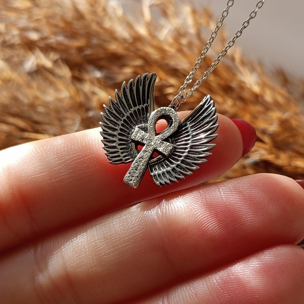 Egyptian Ankh Pendant - 925 Sterling Silver  Winged Ankh Necklace, Symbol of Life & Protection