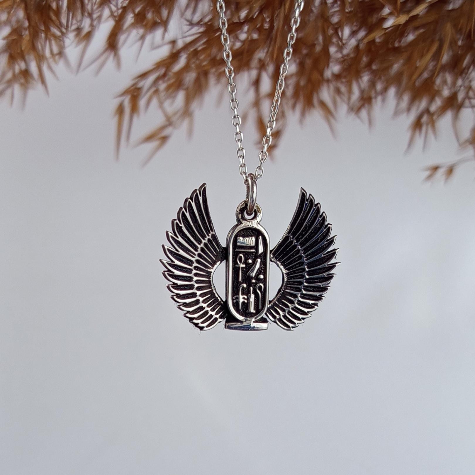 Egyptian Hieroglyph Pendant - 925 Sterling Silver Winged Cartouche Necklace, Ancient Protection Symbol Necklace