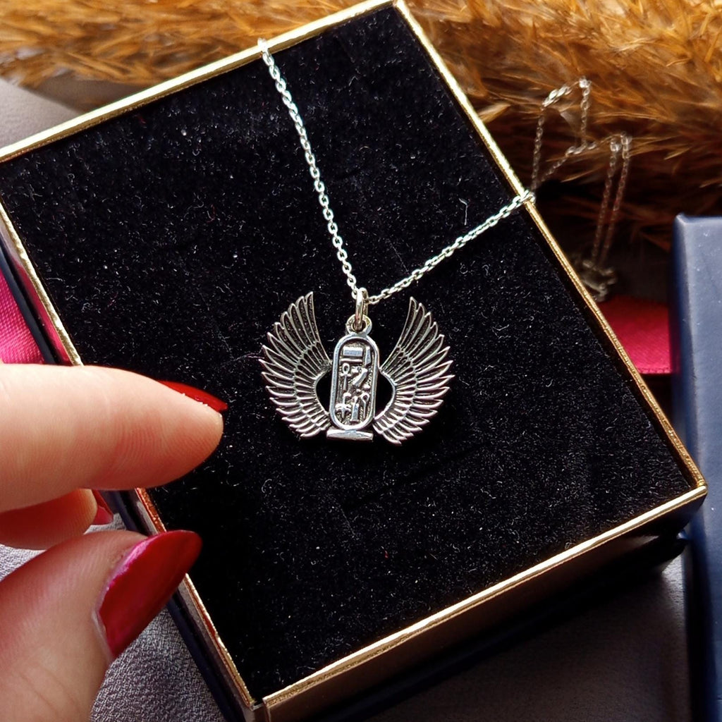 Egyptian Hieroglyph Pendant - 925 Sterling Silver Winged Cartouche Necklace, Ancient Protection Symbol Necklace