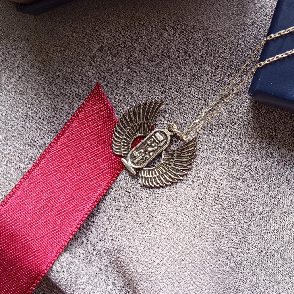 Egyptian Hieroglyph Pendant - 925 Sterling Silver Winged Cartouche Necklace, Ancient Protection Symbol Necklace