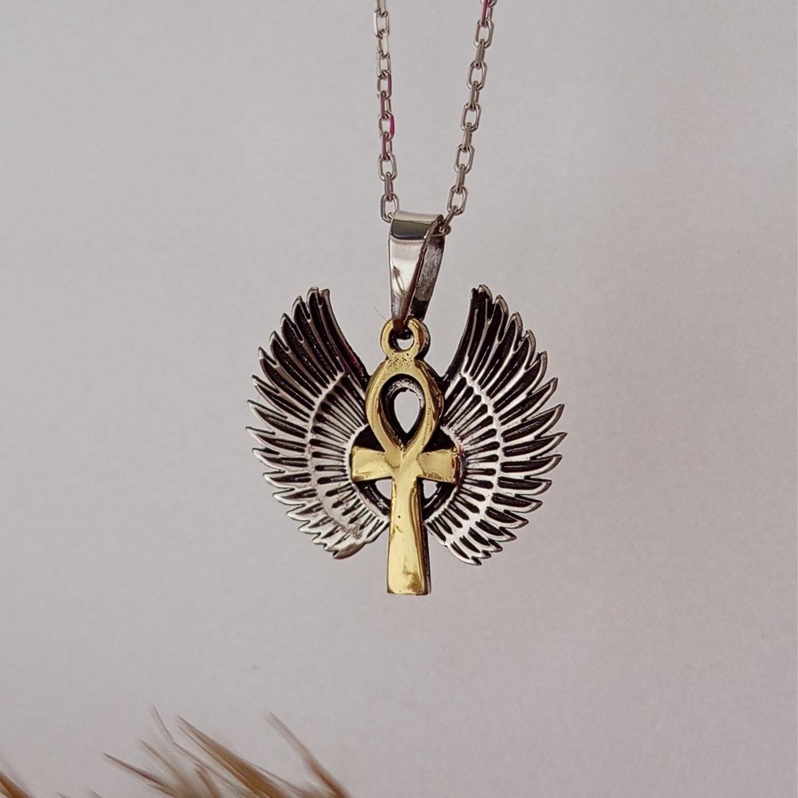 Gold Winged Ankh Necklace – 925 Sterling Silver Egyptian Pendant, Symbolic Jewelry, Gift For Her