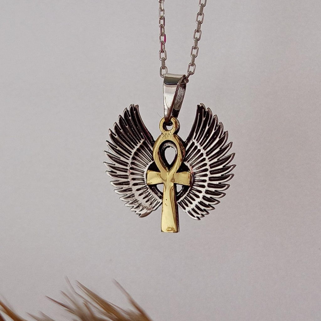 Gold Winged Ankh Necklace – 925 Sterling Silver Egyptian Pendant, Symbolic Jewelry, Gift For Her