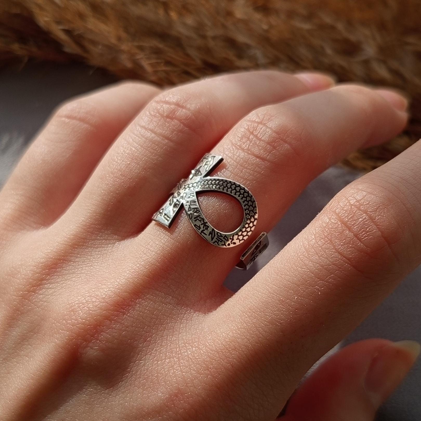 Ankh Ring – 925 Sterling Silver Engraved Hieroglyphs, Open Band Egyptian Jewelry, Gift For Her