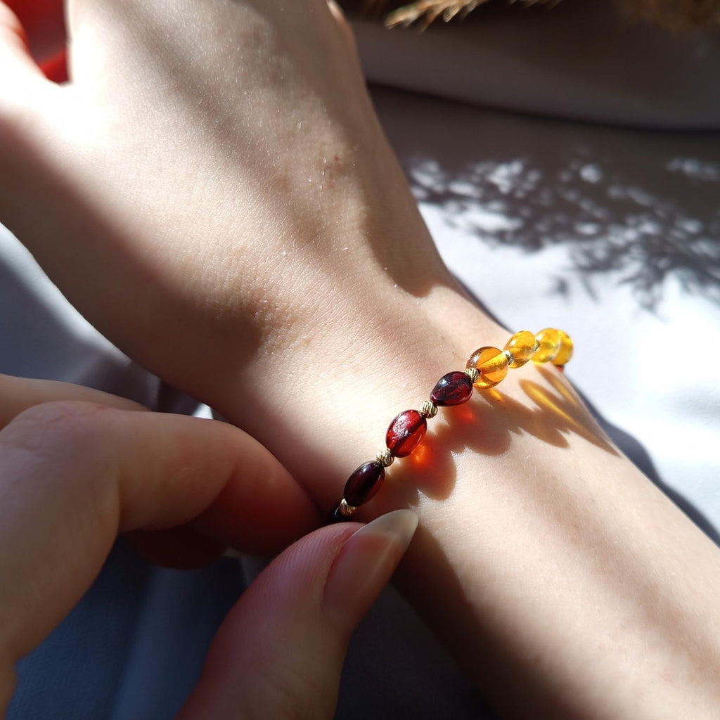Gold Natural Amber: Natural Amber stones Bracelet with Solid 14K Gold Beads – Adjustable Handmade Gemstone Bracelet