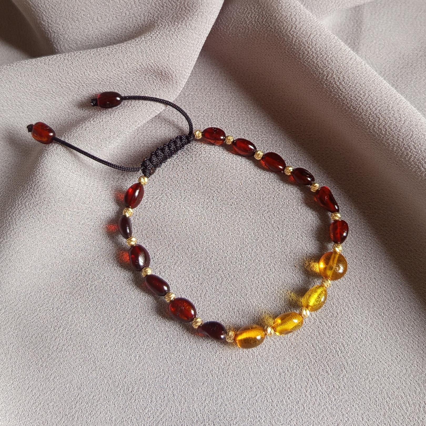 Gold Natural Amber: Natural Amber stones Bracelet with Solid 14K Gold Beads – Adjustable Handmade Gemstone Bracelet