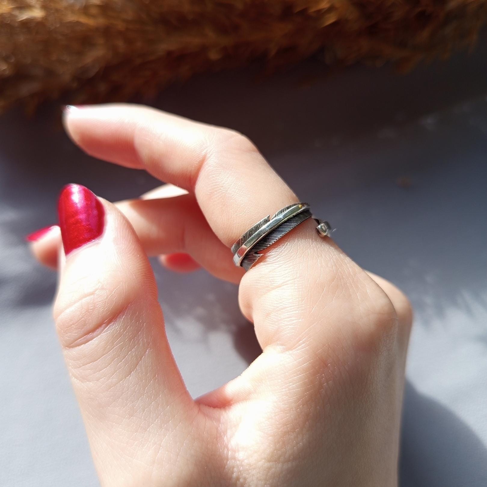 Feather Ring – Open Band Sterling Silver Ring, Adjustable Feather Ring, Minimalist Nature Inspired Jewelry