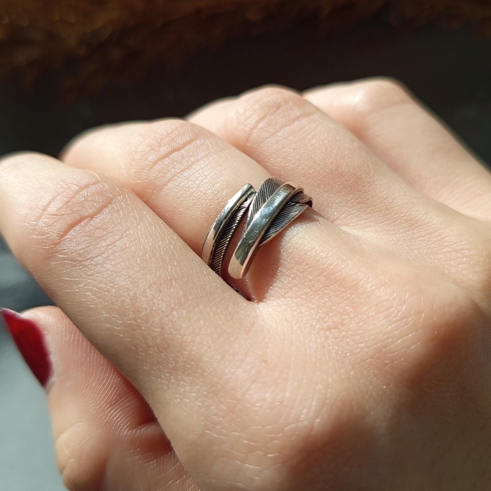 Feather Ring – Open Band Sterling Silver Ring, Adjustable Feather Ring, Minimalist Nature Inspired Jewelry
