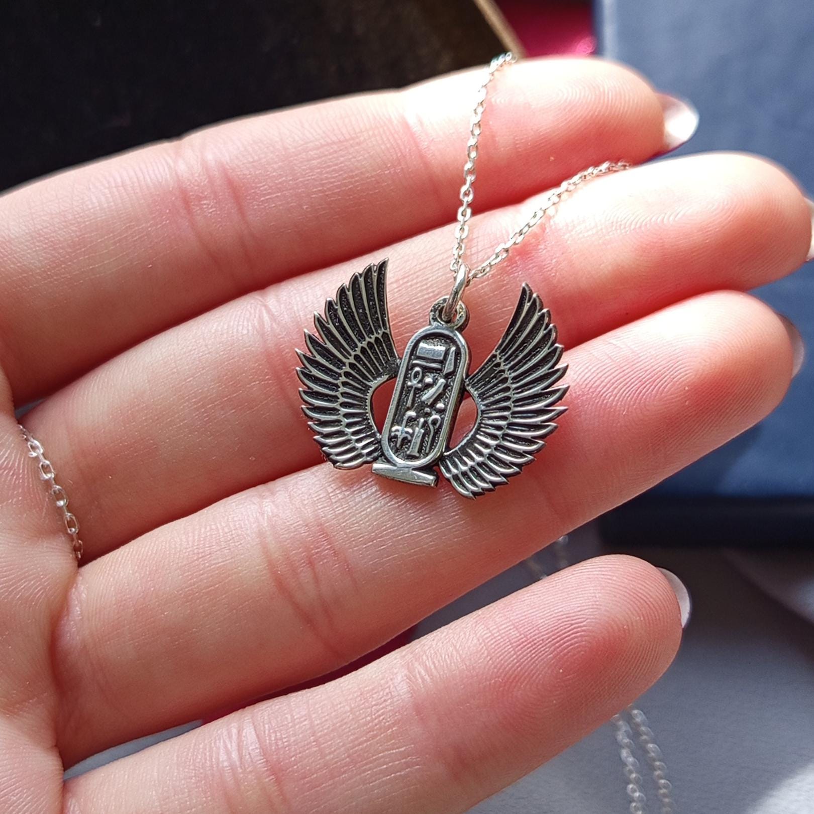 Egyptian Hieroglyph Pendant - 925 Sterling Silver Winged Cartouche Necklace, Ancient Protection Symbol Necklace