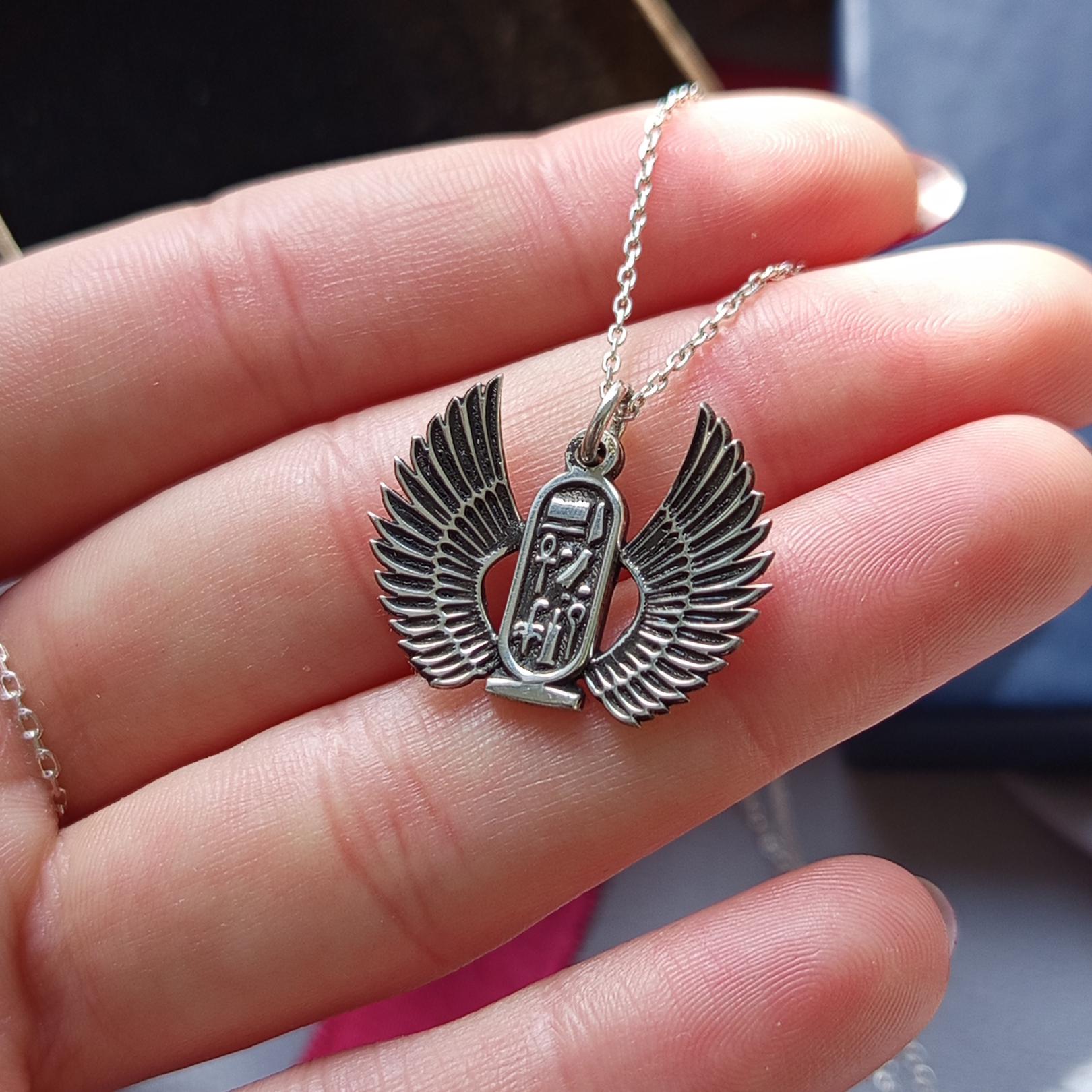 Egyptian Hieroglyph Pendant - 925 Sterling Silver Winged Cartouche Necklace, Ancient Protection Symbol Necklace