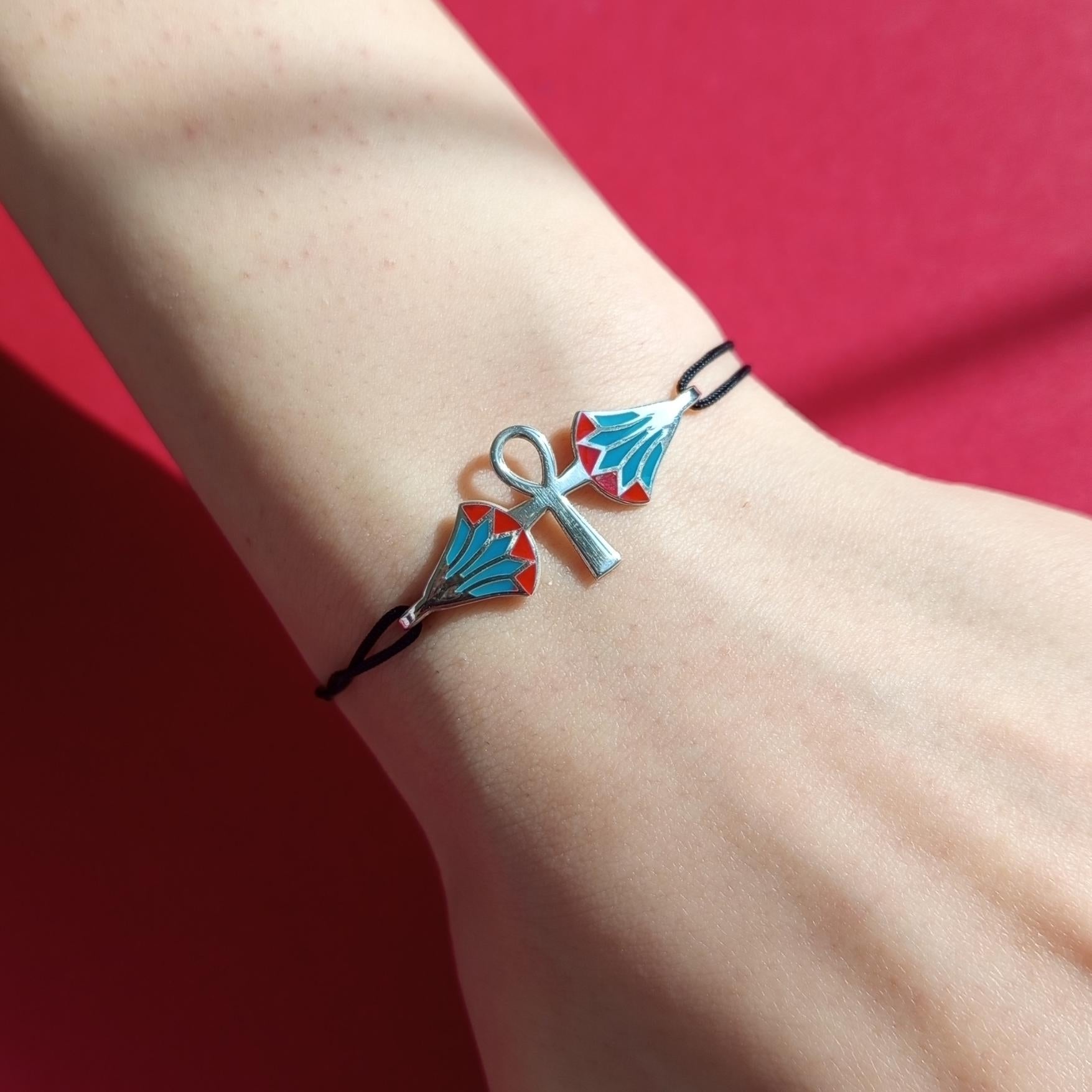 Minimal Ancient Egyptian–Inspired Ankh Bracelet – 925 Sterling Silver with Enamel, Adjustable Cord