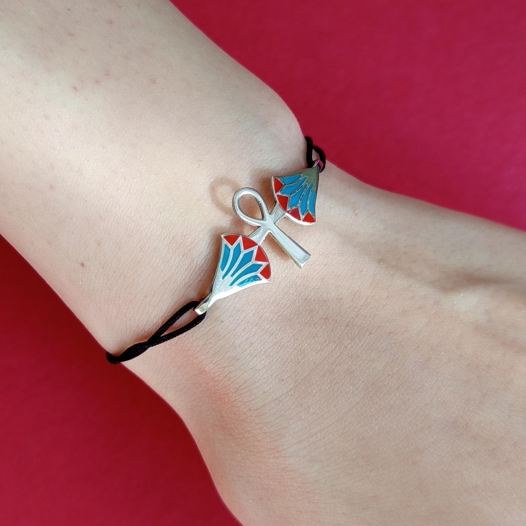 Minimal Ancient Egyptian–Inspired Ankh Bracelet – 925 Sterling Silver with Enamel, Adjustable Cord