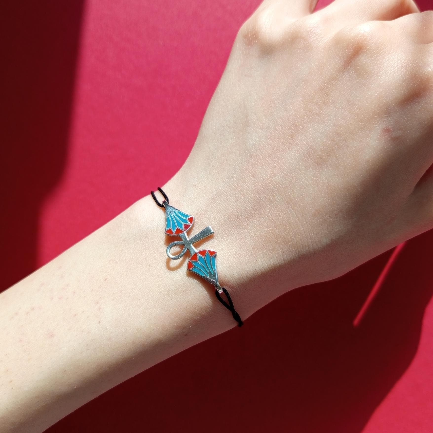 Minimal Ancient Egyptian–Inspired Ankh Bracelet – 925 Sterling Silver with Enamel, Adjustable Cord