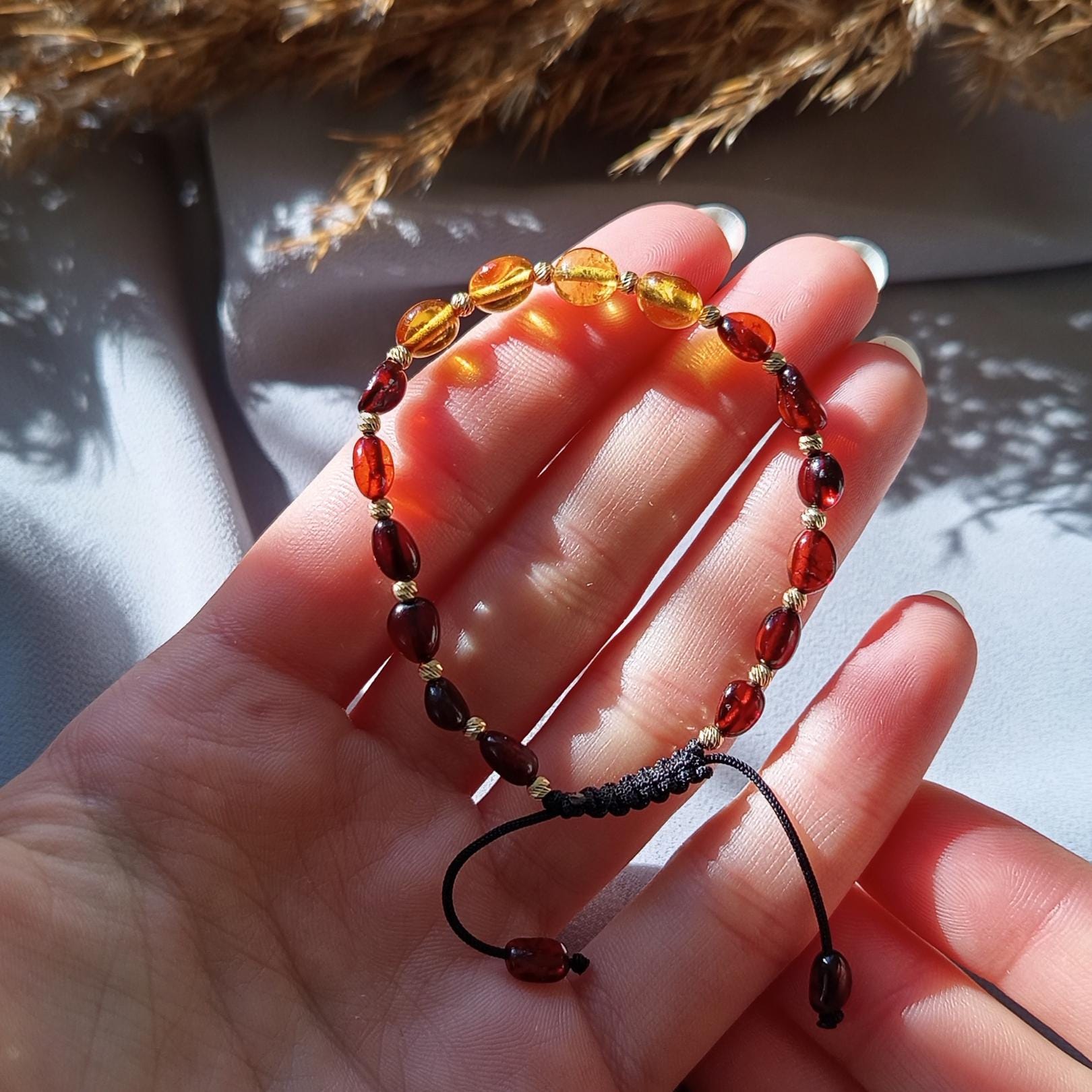 Gold Natural Amber: Natural Amber stones Bracelet with Solid 14K Gold Beads – Adjustable Handmade Gemstone Bracelet