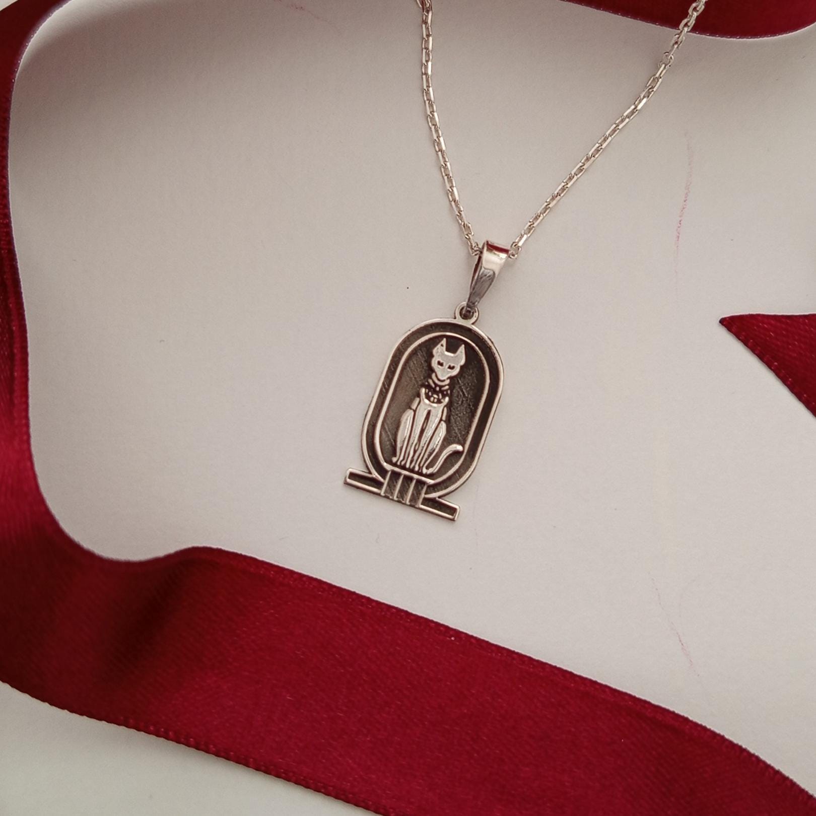 Vintage Necklace – Ancient Egyptian Cat Symbol – 925 Sterling Silver Minimalist Pendant