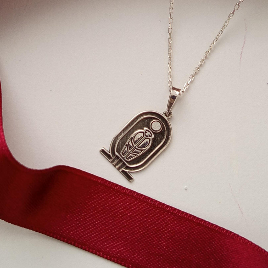 Vintage Minimalist Necklace – Ancient Egyptian Scarab and Sun Symbol – 925 Sterling Silver Pendant