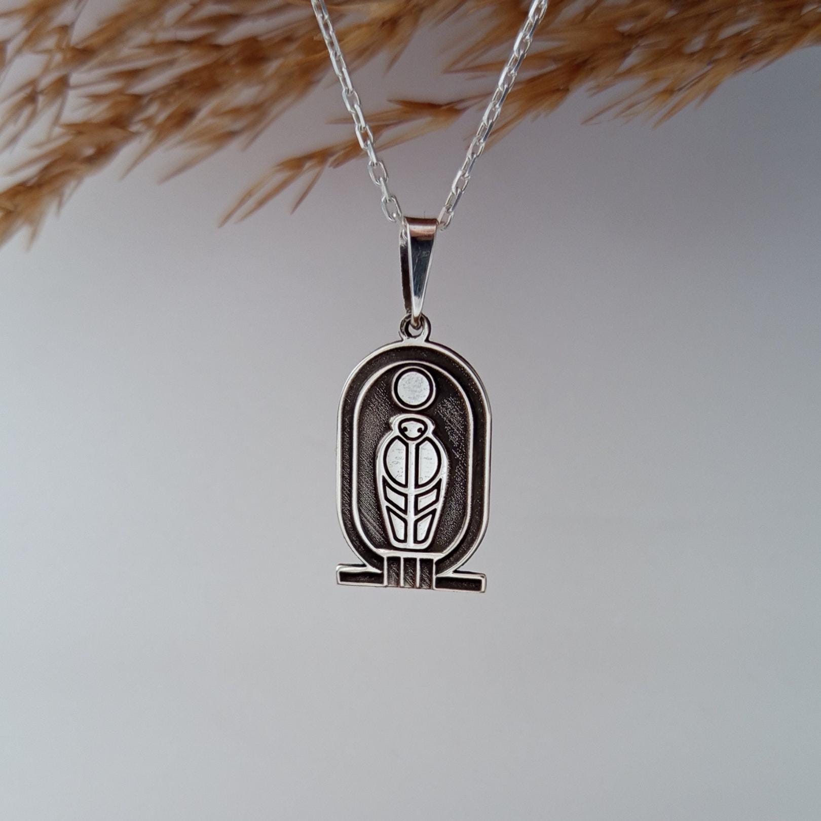 Vintage Minimalist Necklace – Ancient Egyptian Scarab and Sun Symbol – 925 Sterling Silver Pendant