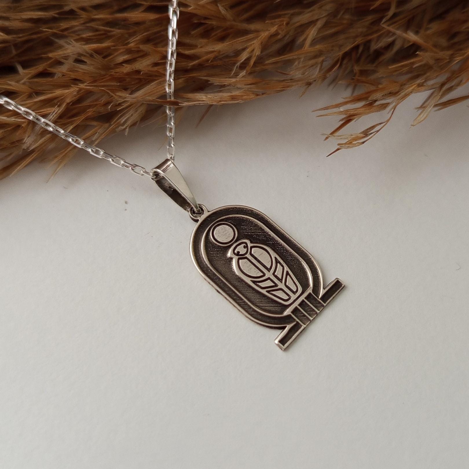 Vintage Minimalist Necklace – Ancient Egyptian Scarab and Sun Symbol – 925 Sterling Silver Pendant