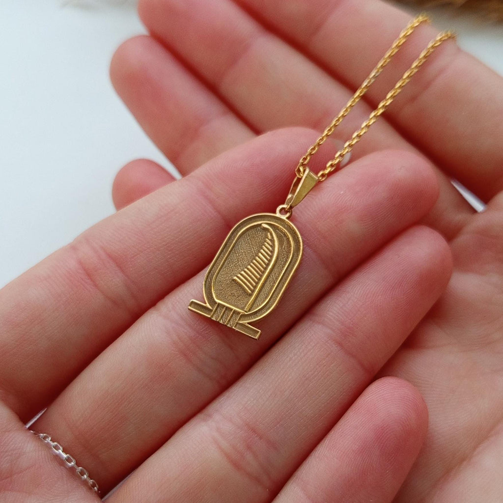 Gold Feather Pendant Necklace – Ancient Egyptian Inspired  – 925 Sterling Silver Gold Plated Hieroglyph