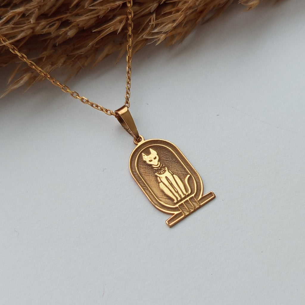 Gold Vintage Necklace – Ancient Egyptian Cat Symbol – 925 Sterling Silver gold plated Minimalist Pendant