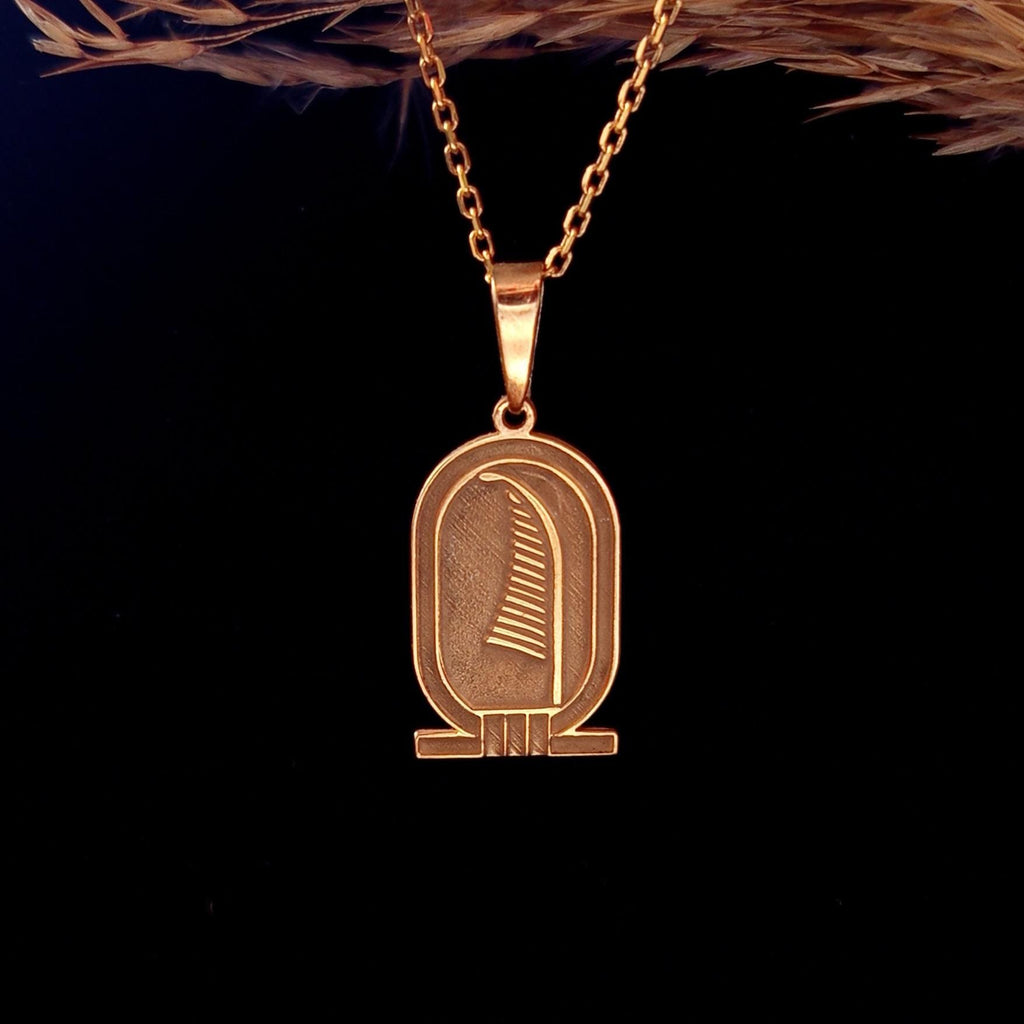 Gold Feather Pendant Necklace – Ancient Egyptian Inspired  – 925 Sterling Silver Gold Plated Hieroglyph