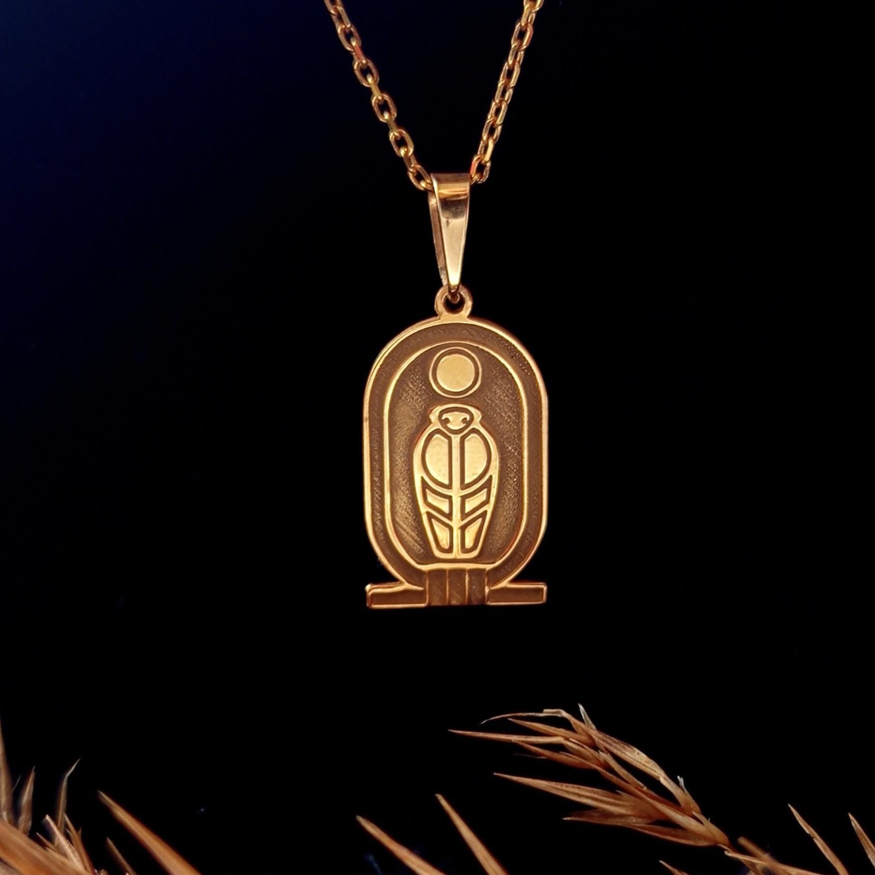 Gold Scarab Necklace – Egyptian Sun Symbol, Sterling Silver Pendant
