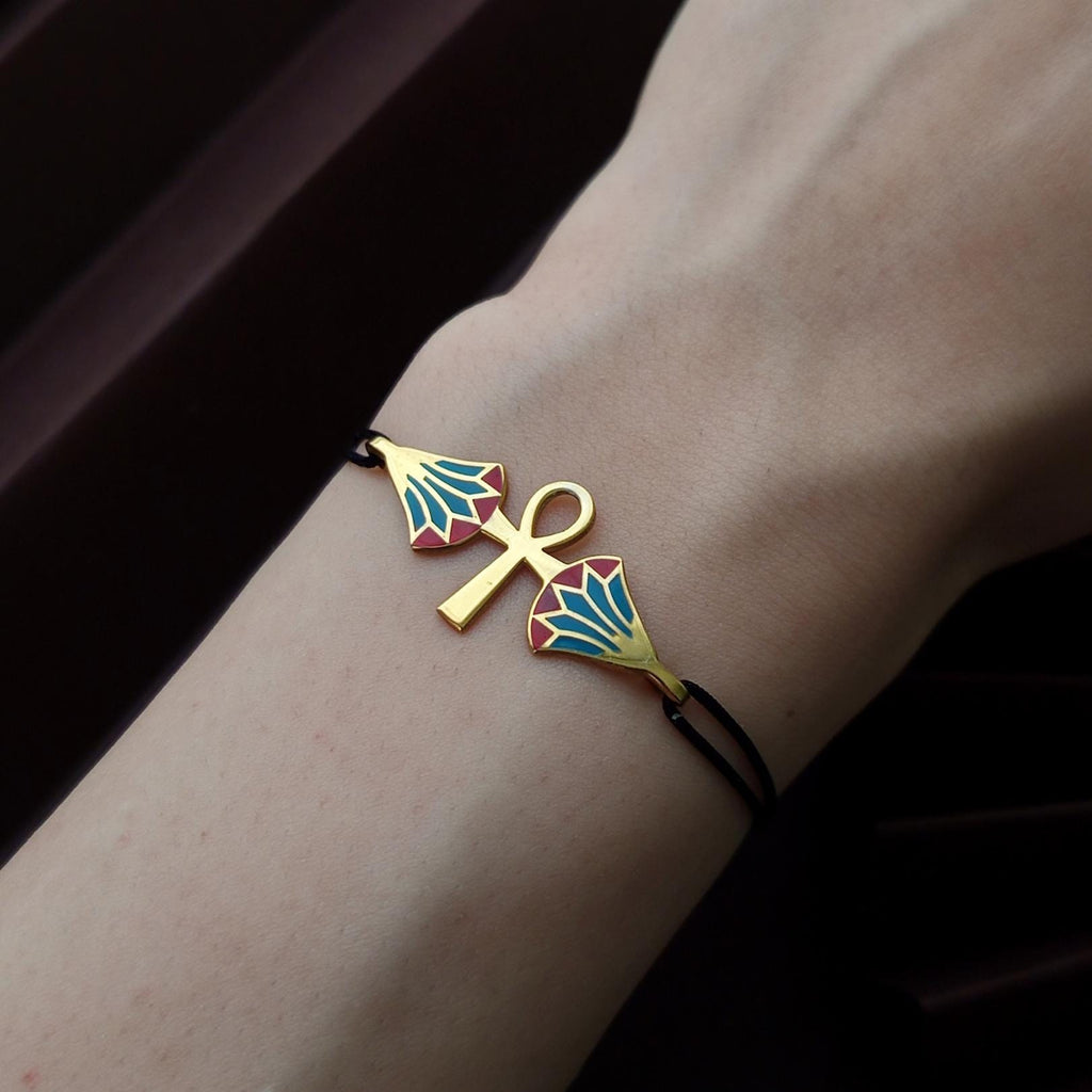 Dainty Gold Anth Cross Bracelet – 925 Sterling Silver Gold Plated With Enamel, Adjustable Cord