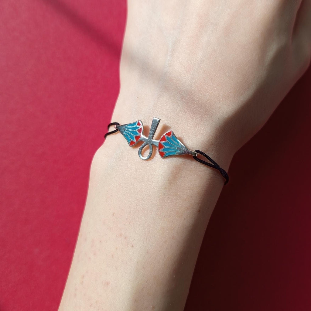 Minimal Ancient Egyptian–Inspired Ankh Bracelet – 925 Sterling Silver with Enamel, Adjustable Cord