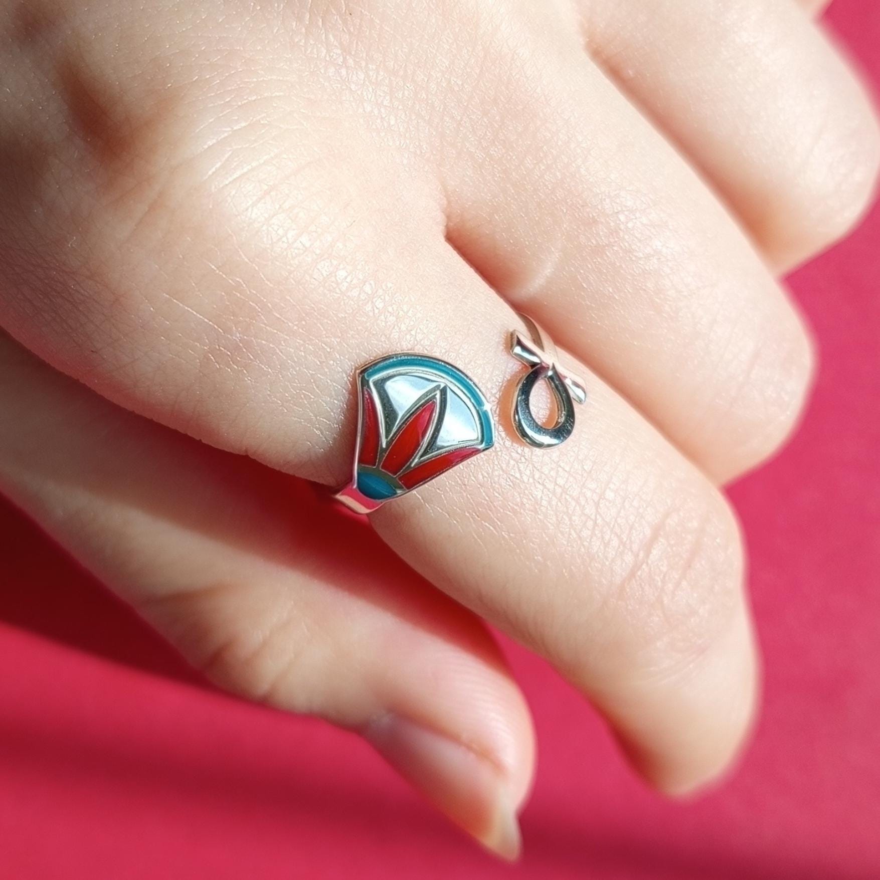 Vintage Ancient Egyptian–Inspired Open Ring – 925 Sterling Silver with Enamel Details, Adjustable Band