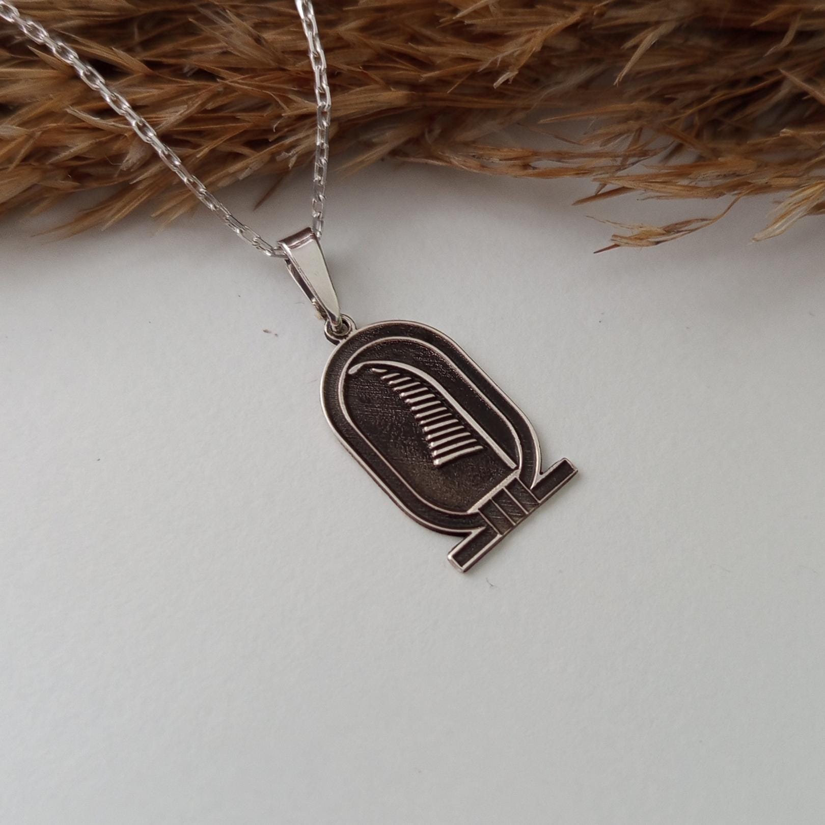 Feather Pendant Necklace – Ancient Egyptian Inspired  – 925 Sterling Silver Hieroglyph
