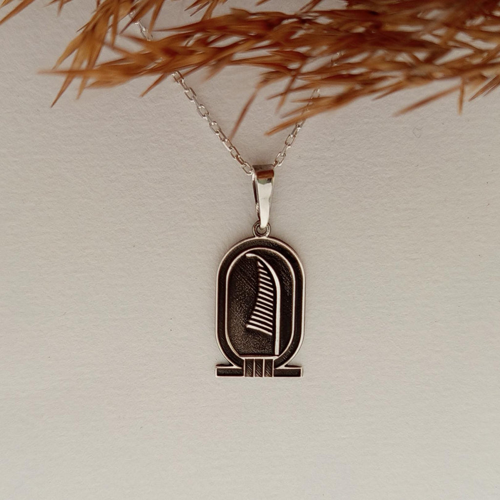 Feather Pendant Necklace – Ancient Egyptian Inspired  – 925 Sterling Silver Hieroglyph