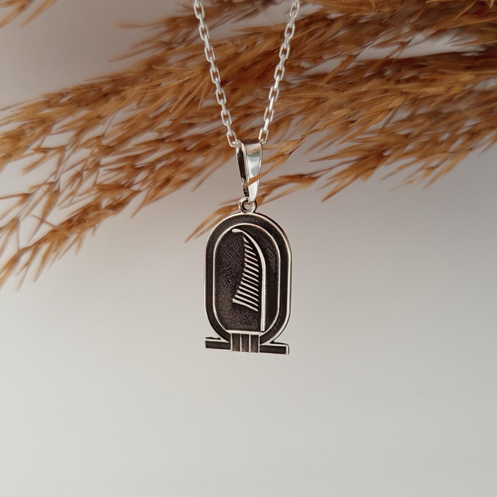 Feather Pendant Necklace – Ancient Egyptian Inspired  – 925 Sterling Silver Hieroglyph