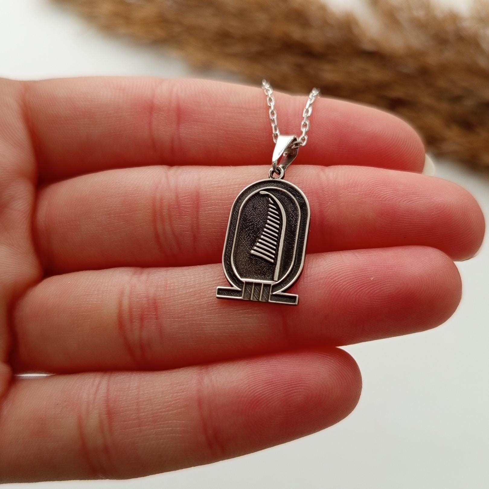 Feather Pendant Necklace – Ancient Egyptian Inspired  – 925 Sterling Silver Hieroglyph