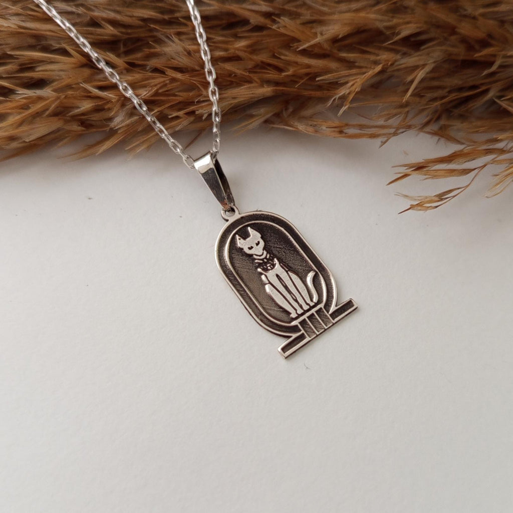 Vintage Necklace – Ancient Egyptian Cat Symbol – 925 Sterling Silver Minimalist Pendant