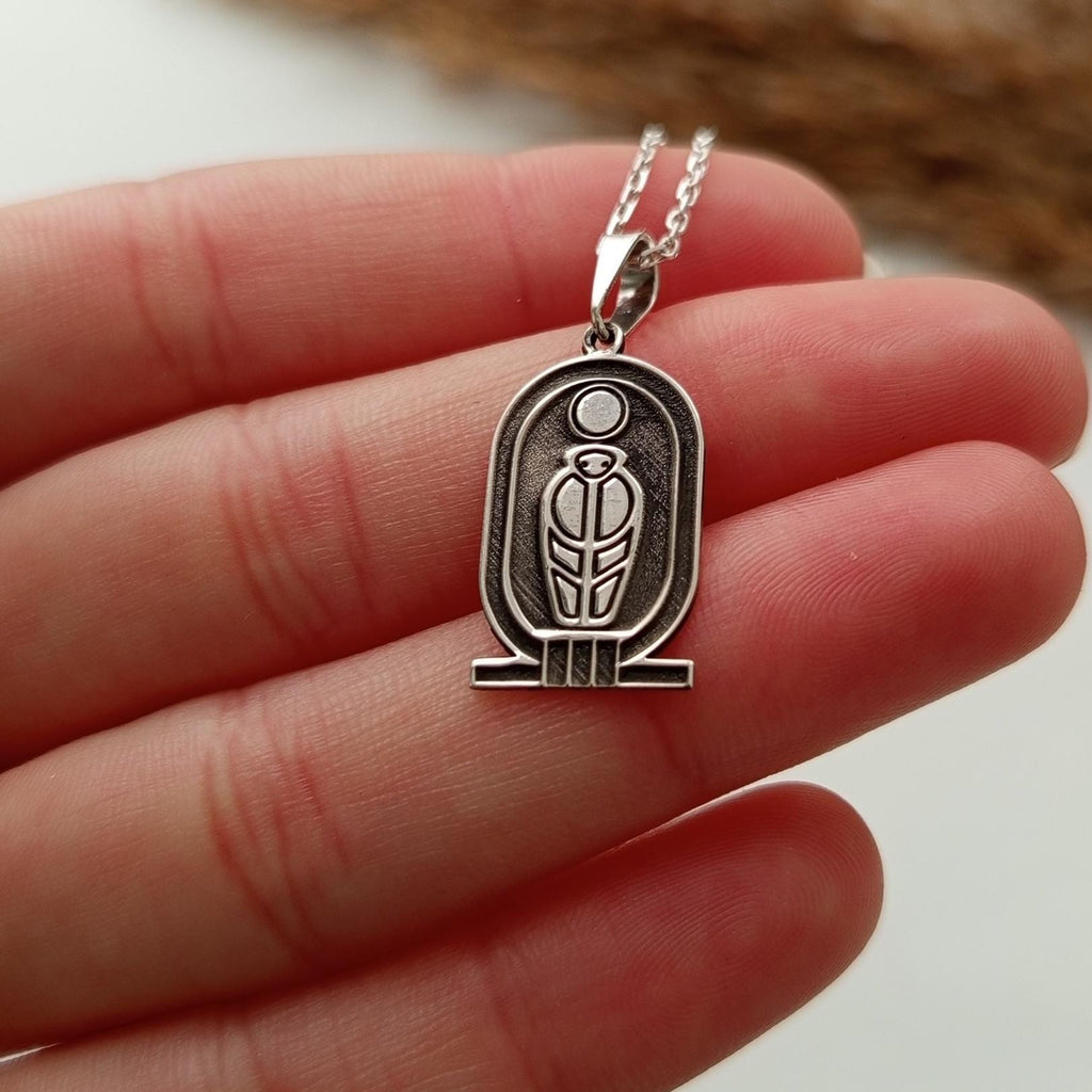 Vintage Minimalist Necklace – Ancient Egyptian Scarab and Sun Symbol – 925 Sterling Silver Pendant